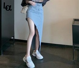 Summer Asymmetric Long Jeans Skirts Womens High Waist Split Sexy Denim Plus Size Korean Ladies Skirt Jupe Femme 2105198548793