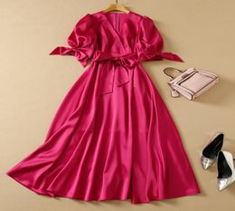 Luxury Designer Satin Maxi Dresses for Women Summer 2022 Elegant Bowknot V Neck Long Party Vestidos Evening Gown Fashion9843309