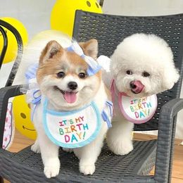 Dog Apparel 3pcs Cute Korean Happy Birthday Embroidery Bib Pet Cat Saliva Towel Small Decoration Articles