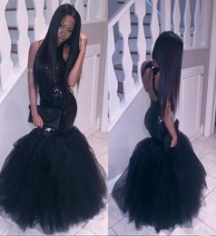 Little black sparkling sequins backless prom dresses mermaid long floor tulle trumpet Party dresses evening wear5108746