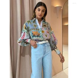 Women's Polos Print Long Lantern Sleeve Shirt Women Top Holiday Fashion Single Breasted Lapel Loose Shirts Female Summer 2024 Beach Colorful