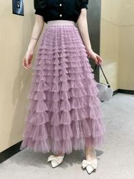 Skirts 2024 Vintage Fluffy Long Skirt Women Autumn Winter Ladies Elastic High Waist Tulle Ball Gown Mesh Cake Pleated Female