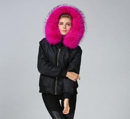 Lavish rose raccoon furs trim hoody women snow parka Meifeng brand rabbit fur lined black bomber nylon jacket6284994