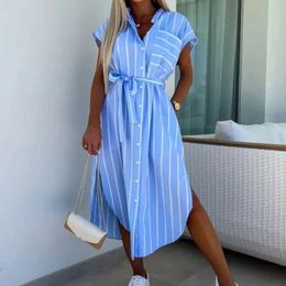 Basic Casual Dresses Fashionable high waisted lace high street dress striped printed short sleeved dress summer lapel single chest commuting shirt dres J240516