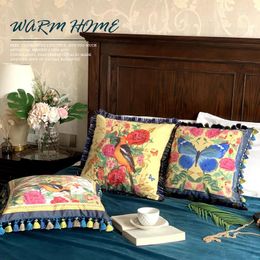 Pillow Flower Bird Printed Cover Living Room Pastoral Pillowcase Backrest Velvet With Tassel Fringes