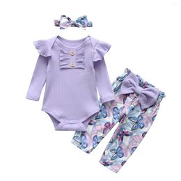 Clothing Sets Spring Autumn Infant Baby Clothes Set For Girls Cute Ruffle Trim Ribbed Bodysuit Top And Printed Pants Hairband Born Outfit