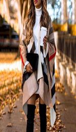 Scarves Autumn Winter Women Fashion Batwing Sleeve Coat Plaid Stripes Poncho Scarf Shawl Vintage Panchos Female9970500