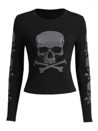 Women's T Shirts Mxiqqpltky Women S Fairy Grunge Tops Skeleton Print Long Sleeve Slim Fit T-shirt Vintage Lace Trim Crop Tees Y2K Streetwear