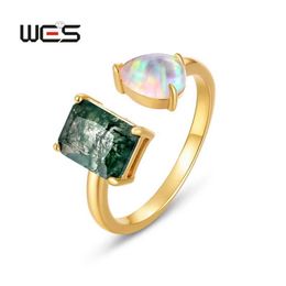 Band Rings WES 925 SterlSilver Geometric Natural Moss Agate Womens Adjustable Ring Gemstone Opal Gold Plated Certified Jewellery Band J240516