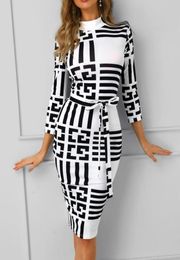 Casual Dresses Striped Colorblock Insert Women Bodycon Dress Three Quarters Sleeve Mock Neck Office Ladies Midi DressCasual2023046
