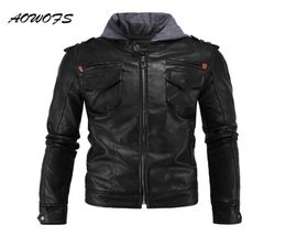 Whole AOWOFS Hooded Leather Jackets Men Safari Coats Black Moto Leather Jackets with Hood Hip Hop Fashion Male Leather Jacket7625230