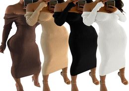2019 Winter Knitted Sweater Dress Women Off Shoulder Midi Sexy Bodycon Dress Autumn Long Sleeve Party Long Dress Vestidos2455809