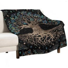 Blankets Tree Of Life -Yggdrasil Golden And Marble Ornament Throw Blanket Plaid On The Sofa Furrys Cute