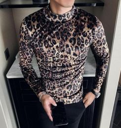 Men039s TShirts Leopard Velvet T Shirt Men Long Sleeve Casual Slim Fit Tshirt Vintage Half Turtleneck Man Streetwear Club Tops2983359