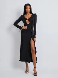 Casual Dresses Wsevypo Women's Black Evening Party Long Dress Autumn Sleeve V-Neck Tie-up Cutout Ruffle Hem Midi Formal Prom Gowns