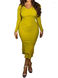 Casual Dresses Long Sleeve Sexy Wrap Dress Womens Spring Autumn Fashion High Stretch Slim Fit Pleated Fishtail Midi Big Size Robe