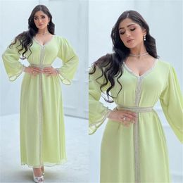 Ethnic Clothing Fashion Muslim Women Maxi Dress Chiffon Beads Abaya V Neck Long Sleeve Belted Arab Dubai Evening Party Eid Ramadan Gown