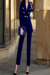 Two Piece Dress Velvet Sets Women Fashion Elegant Office Ladies Fall And Winter Causal Blazer Coat Straight Pants Suits Royal Blue3993846