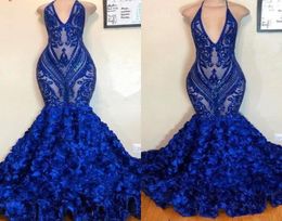Sexy Floral Ruffles Royal Blue Mermaid Prom Dresses 2019 Sequins Lace Appliques Halter Evening Party Gowns8252130