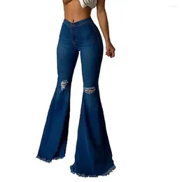 Women's Jeans Women Fringed Edge Denim Pants Elastic Sexy Mid Waist Ripped Flared For Work Korean Clothes