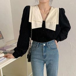 Women's Blouses Korejepo Design Black Shirt Women Long Sleeved Korean Spring Fashion Unique V-neck Shirts Light Mature French Casual Top