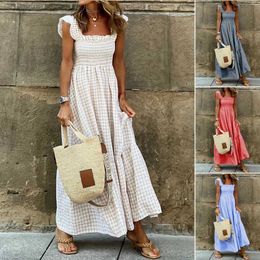 Basic Casual Dresses Pleated Harajuku Plaid Dress Summer Womens Bohemian Casual Vintage Sleeveless Loose Long sleeved Beach Sun Dress Chiffon Dress J240516