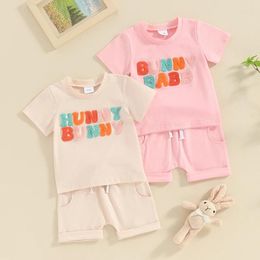 Clothing Sets Summer Toddler Kids Baby Girls Easter Clothes Letter Embroidery Short Sleeve O-neck T-shirts Drawstring Pocket Shorts Suits