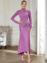 Casual Dresses Elegant Fashion Long Sleeve High Neck Purple Maxi Sexy Cross Cut Out Bodycon Celebrity Evening Club Party Dress