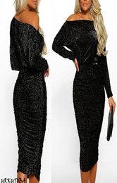 arrival sexy solid Off Shoulder slim Elegant Women Sexy Boat Neck Glitter Bodycon Dress Evening Party Formal 2205215729412