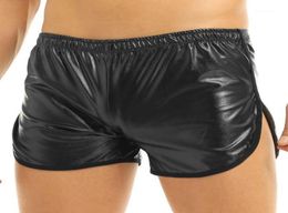 Mens Lingerie Wet Look Faux Leather Sport Boxer Shorts Exotic Pants with a Back Pocket Gay Men Nightclub Pole Dance Shorts17233953