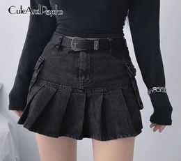 Skirts Finger Y2k Closed Jeans Women Dark Academia Fashion Goth Black High Tail Rok 90s Korean Pockets Cute Shoe9512546