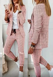 Women039s Two Piece Pants Casual Plaid Print Blazer Coat Drawstring Set 2021 Autumn Women Work Wear Fashion Suit Sets Long Sl8377567