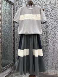Work Dresses 2024 Women's Fashion Casual Suit Splicing Water-soluble T-shirt Pendulum Long Skirt 2-piece Set 0417