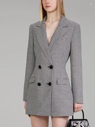 Casual Dresses Women's Suit Mini Dress 2024 Notched Houndstooth Double Breasted Fashion Slim Simple Long Sleeve Blazer Robes