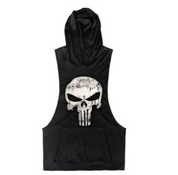 Whole 2016 New Brand Skull sleeveless Shirt Casual Fashion Hooded Gyms Tank Top Men bodybuilding Fitness Brand Clothing4810062