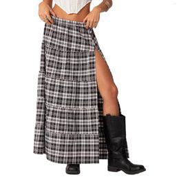 Skirts Women's Prairie Chic Plaid Long Ruffles Vintage Elastic Waist Side Slit Tiered Midi Casual Flowy Streetwear