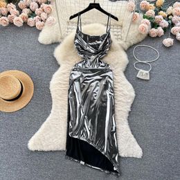 Casual Dresses Foamlina Sexy Metallic Spaghetti Strap Dress Women Summer Fashion Sleeveless Slim Side Split Open Back Irregular Club Outfits