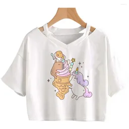 Women's T Shirts Capybara Fairy Grunge Graphic Korean Fashion Crop Top Woman Kawaii Manga Streetwear Clothing