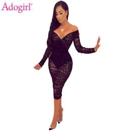 Adogirl Ruffle Sheer Lace Bodycon Dress Plus Size S4XL Women Sexy V Neck Off Shoulder Long Sleeve Sheath Midi Club Party Dress9574780