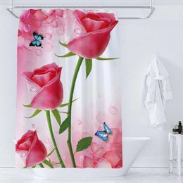 Shower Curtains Pink Roses Flower Butterfly Curtain With Hooks Waterproof Polyester Fabric Print Bath Bathroom Accessorie Decor