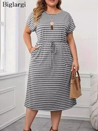 Plus Size Dresses Summer Striped Print Midi Dress Women Short Sleeve Casual Fashion Ladies Loose Pleated Ruffle Woman