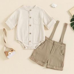 Clothing Sets 0-24M Summer Born Baby Boys Clothes Solid Button Pocket Cotton Linen Bodysuits Suspender Shorts Casual Outfits