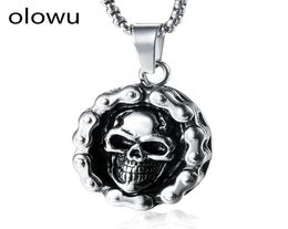olowu Virtus Mors Stainless Steel Skull Necklace Men039s Biker Gothic Bicycle Chain with Skull Pendant Necklaces Costume Jewelr6710193