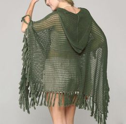 Knitted Mini Dress Fishnet Skirts Hollow Out Crochet Women Bikini Cover Up Hooded Tassel Pocket Tunic Summer Beachwear Army Green8229663