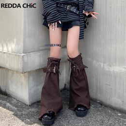 Women Socks REDDACHiC 90s Retro Denim Plain Brown Cowgirl Knee-long Steampunk Belted Boots Cover Y2k Vintage Clothes