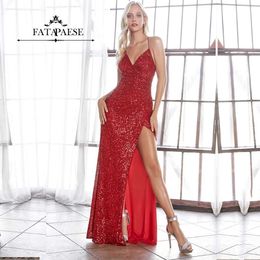 Runway Dresses FATAPAESE Sequin Prom Dress with V neckline Back with Tassel Tie Belt Stretch Lace Gown Strappy Laces Up A high Slit Evenin T240518