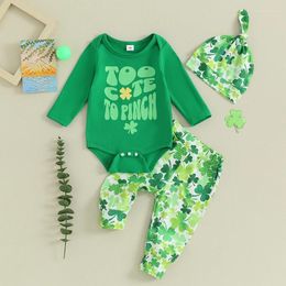 Clothing Sets Baby Boys Pants Set Long Sleeve Crew Neck Letters Print Romper With Shamrock Hat St Patricks Day Outfit