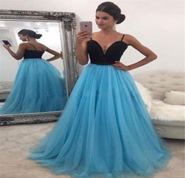 Newest Spaghetti Straps ALine Prom Dresses Black and Blue Crystals Belt Evening Dress Gowns Special Occasion Dresses3815734