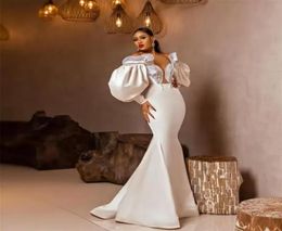 2022 Graceful White Mermaid Evening Dresses Beads Puffy Long Sleeves Party Pageant Gowns Women Prom Dress Floor Length Robe De Sor9015493