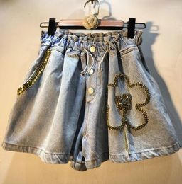 Women's Jeans Trendy 2024 Spring Summer All-match Casual Women Wide Leg Shorts Beading Water Drill Tassel Elastic High Waist Short